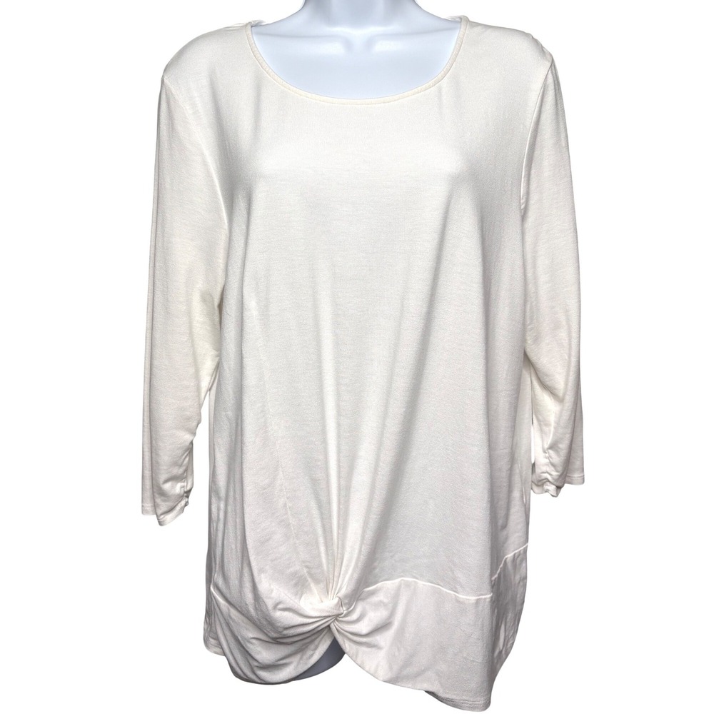 CHICO'S Womens White Front Knot Twist Hem Top Sz 2/L Minimalist Draped Modern